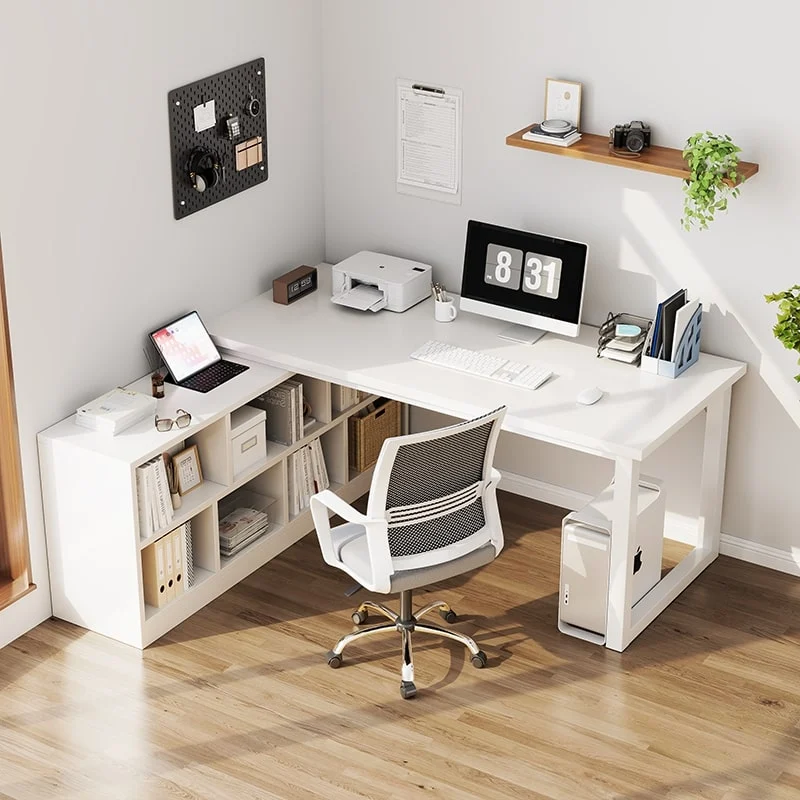 Bàn Học Thông Minh Chữ L Đen Gỗ Óc Chó Hiện Đại màu trắng